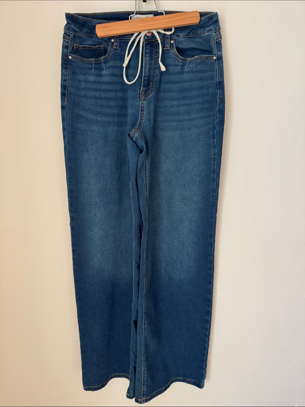Happily Grey Drawstring Wide Leg Jeans Medium Wash High Rise Stretch Denim 7/28